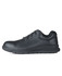 A black soft toe sneaker featuring a sleek design and textured detailing, with a logo present on the shoe.