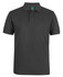 A dark grey polo shirt featuring a collar and buttons, with a logo on the upper side.