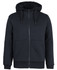A navy blue full zip hoodie featuring a sherpa-lined hood and front pockets. The hoodie has a branding logo.