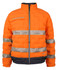 An orange puffer jacket with reflective stripes and a black lower trim, featuring a logo on the front.