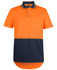 An orange and navy short-sleeved drop tail polo shirt with a pocket and a logo.