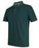 A dark green polo shirt made from recycled polyester, featuring a collar, buttons, and a pocket. It has a logo.