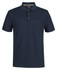 A navy polo shirt made of recycled polyester, featuring a pocket and a branded logo.