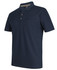 A navy blue polo shirt made from recycled polyester, featuring a small pocket and three buttons. It has a logo on the collar.