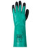 A nitrile chemical glove in green and black, featuring a textured grip and a branding logo on the wrist area.