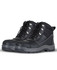 A pair of black safety boots with sturdy soles, laces, and reinforced features, featuring a logo on the side.