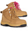 Wheat and pink ladies' safety boots featuring laces, a rubber sole, and a sporty design. Includes branding.
