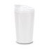 A white coffee cup with a lid, featuring a smooth design and a simple branding logo.