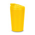 A yellow coffee cup with a lid, featuring a smooth finish and a logo.