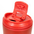 A red coffee cup with a flip-top lid, featuring a tab for easy opening and a logo.