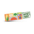 A rectangular sticker featuring colourful illustrations of various fruits and vegetables, including corn and watermelon, with a logo.