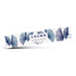 A long sticker featuring a floral design in blue, with a logo and text, on a white background.