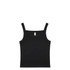 A black collegiate tank top with spaghetti straps, featuring a plain design and a logo label inside.