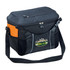 A black and orange cooler bag featuring a logo, with a zip closure and adjustable strap.