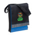 A black and blue satchel bag with a logo on the front and an adjustable shoulder strap.