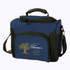A blue and black cooler bag with a zippered top, featuring a logo on the front and a side mesh pocket.