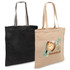 A black jute tote and a natural jute tote featuring a coffee cup design, both with sturdy handles.