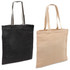 Two eco jute tote bags in black and natural beige, each with two sturdy handles and a logo on one side.