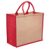 A jute tote bag with a wide gusset, featuring red handles and trim, and a natural-coloured body.