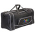 A black duffle bag with white accents and a logo on the front. It features a zippered pocket and sturdy handles.