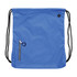 A blue drawstring bag featuring a zippered pocket and black straps, complete with a logo.