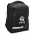 A black laptop backpack with a logo on the front and reflective strip. Features a sleek, modern design.