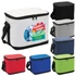 A cooler bag featuring a variety of colours, including white, black, grey, red, blue, and green. It has a logo.