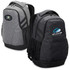 A grey laptop backpack with black accents, featuring two different logos on each side and mesh side pockets.