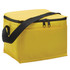 A yellow cooler bag with a black zipper and a shoulder strap, featuring a front pocket. It has a logo.