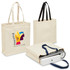 A heavy-duty canvas tote in natural colour with black and blue handles, featuring a logo on one side.