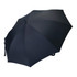 A black umbrella with a curved handle, featuring a logo. Suitable for leisure and outdoor use.