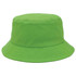 A green bucket hat with a wide brim and a simple design. It features a logo on the side.