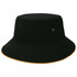 A black bucket hat with a contrasting gold trim and metal eyelets for ventilation. It features a logo.