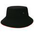 A black bucket hat with a red trim and metal eyelets, featuring a logo on the side.