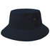 A dark navy bucket hat featuring a wide brim and a logo on the side.