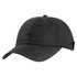 A black cap with a curved brim and stitched panels, featuring a logo on the side.