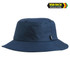 A navy bucket hat with a wide brim, featuring a logo on the side. Ideal for headwear collection.