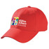 A red heavy brushed cotton cap featuring a logo on the front and a curved brim.