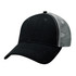 A black Lo-Pro Mesh Trucker Cap with a grey mesh back and a rounded brim, featuring a logo on the front.