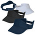 A collection of sports visors in black, navy, and white, featuring adjustable straps and a logo.