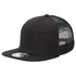 A black snapback trucker cap featuring a solid front panel and mesh back. It has a logo on the front.