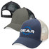 A collection of three trucker caps featuring a navy blue cap with a logo, an olive green cap, and a black mesh cap.
