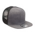 A grey heathered trucker cap with a flat peak and black mesh back. Features a logo on the front.