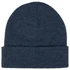 A navy blue beanie with a rolled cuff, featuring a textured knit pattern and a logo.