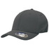 A grey cap with a curved brim and an adjustable back, featuring a logo on the side.
