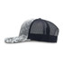 A trucker cap featuring a grey and white snow camouflage pattern, with a black mesh back and a curved peak.