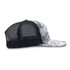 A grey and white camo trucker cap with a black mesh back and a curved brim. The cap features a logo on the front.