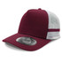 A maroon trucker cap with a mesh back, featuring striped accents and a logo on the front.