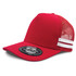 A red trucker cap with a mesh back and white stripes, featuring a logo on the front.