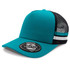 A turquoise trucker cap with a black mesh back and white stripes. It has a logo on the front.